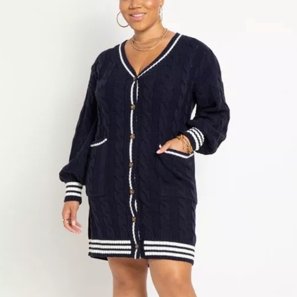 Eloquii Cardigan Sweater Dress with Stripe Detail. Effortless and chic. - Picture 1 of 6